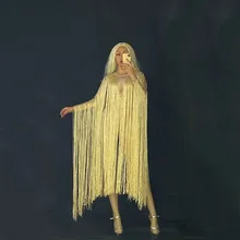 Боди Женщины Сценические Костюмы Для Певцов Сцены Партии Желтый Длинные Кисточкой Performance Bar DS Костюм Певица Сценическая Одежда