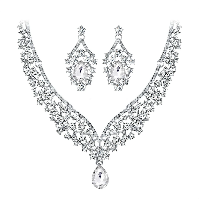 Crystal Bridal Wedding Jewelry Sets Women Rhinestone Necklace Long Earrings Set Dress Accessories Bridesmaid | Украшения и