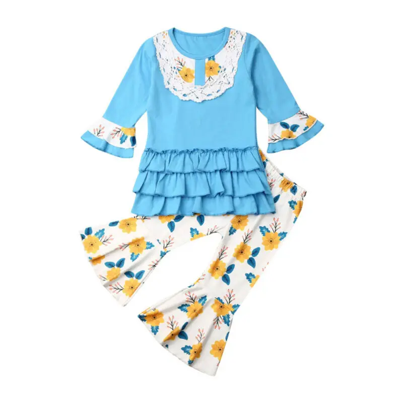 Одежда для маленьких девочек; кружевные топы с расклешенными рукавами и рюшами+ штаны с цветочным принтом; комплект одежды из 2 предметов