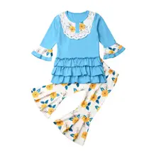 Одежда для маленьких девочек; кружевные топы с расклешенными рукавами и рюшами+ штаны с цветочным принтом; комплект одежды из 2 предметов