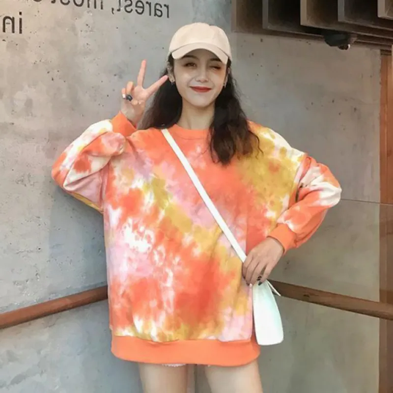 Оранжевый Краска для женщин толстовки свободные Crewneck Осень Корейская Толстовка Harajuku Повседневный пуловер бег kpop флис опрятный толстовки - Цвет: Оранжевый