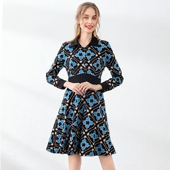 

VERDEJULIAY Vintage Printed Dress Women Fashion New High Quality Blue Flower Print Full Sleeve Knee-Length Slim Elegant Dress