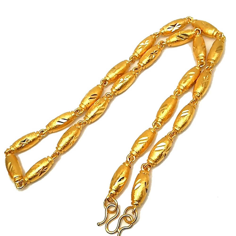 

6mm/8mm Carved Beads Chain Necklace Solid Yellow Gold Filled Men Clavicle Jewelry 60cm Long