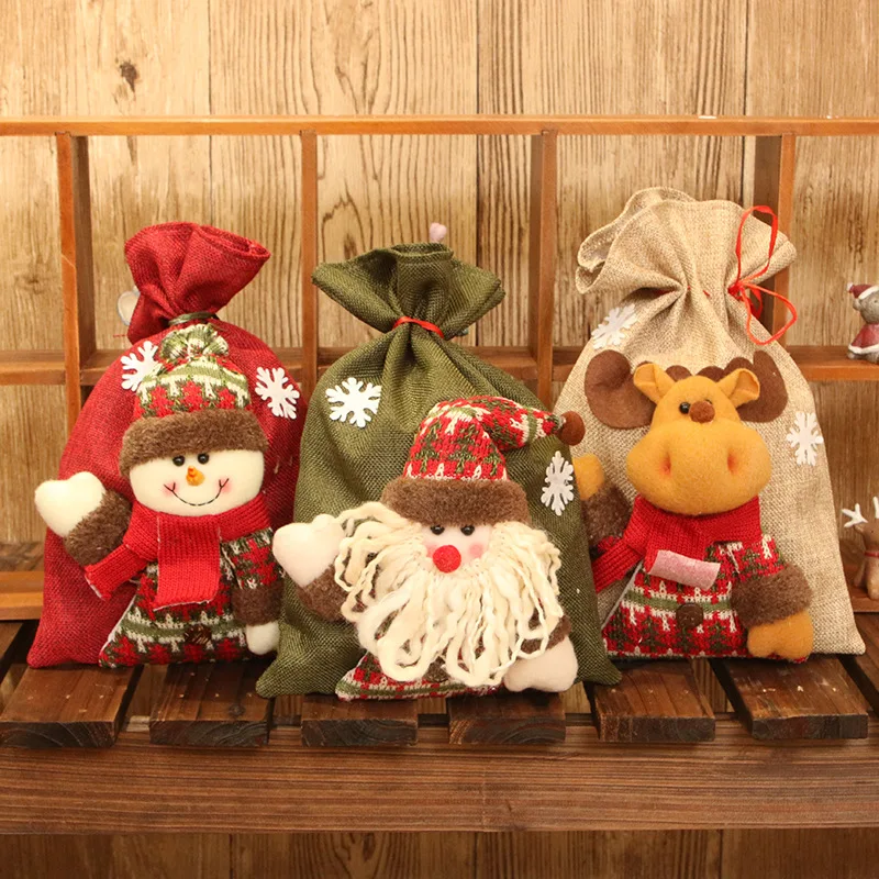 

3 pcs/set Christmas Candy Cookie Gift Bags for Children Present Pouch with Dolls Santa Claus Xmas Tree Pendants Ornaments Decor