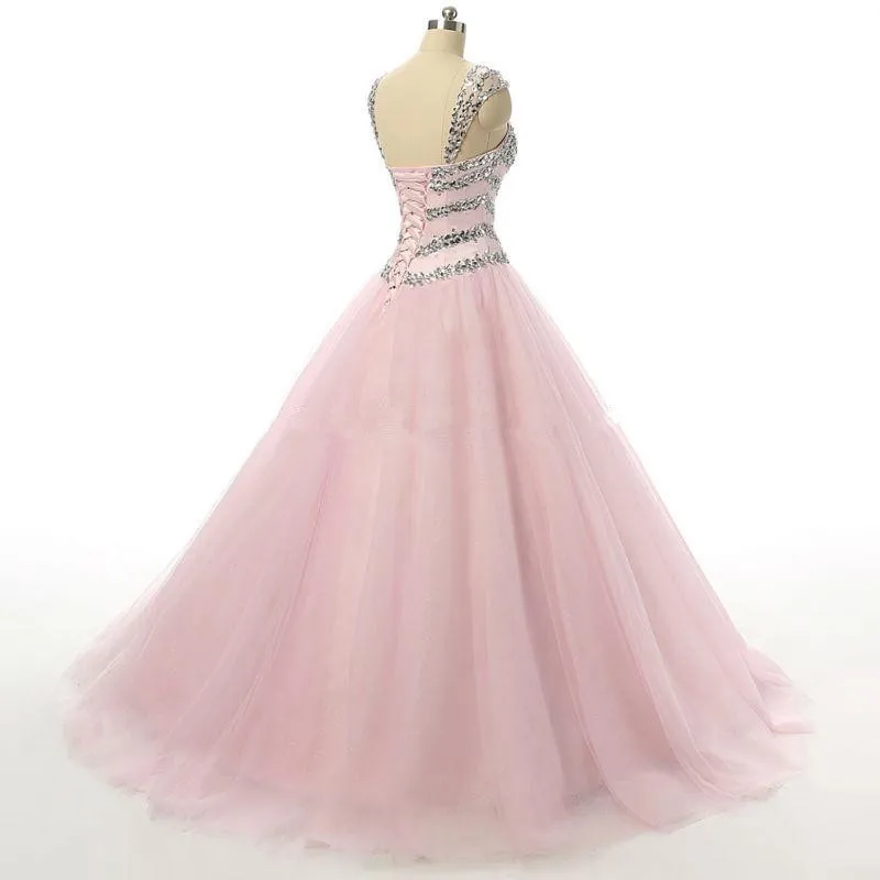 2016 cheaper Ball Gown Sweetheart Crystal Beaded Lace-up Tulle Pink Prom Gowns 2016 Real Sample eveni ng Dresses Vestido De Noiva