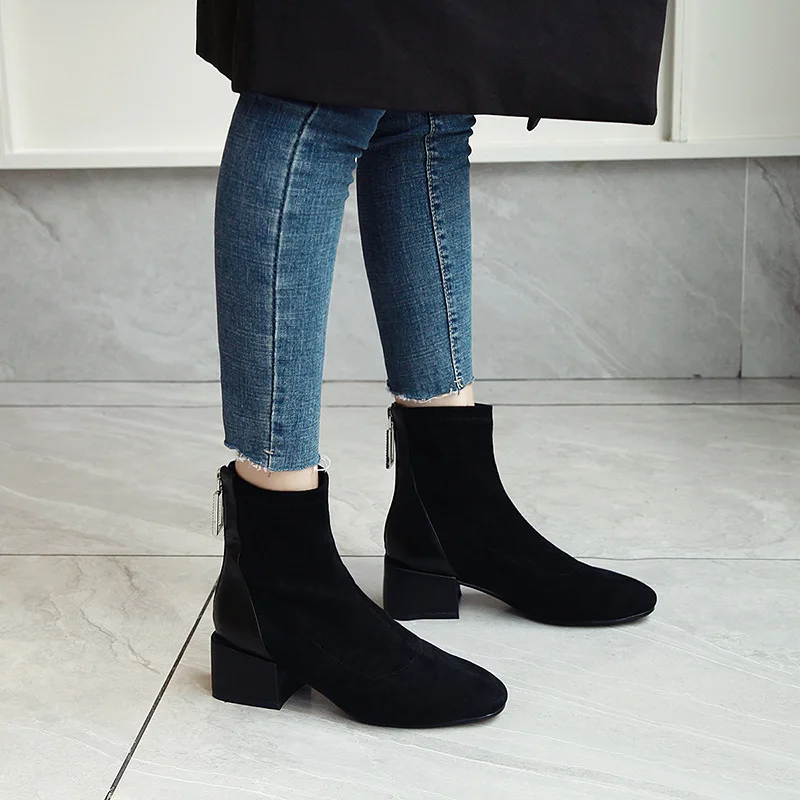 

New Style Short Boots Women's Fashionable Chunky-Heel Semi-high Heeled round-Toe Suede Short Boots Fashion Versatile Comfortable