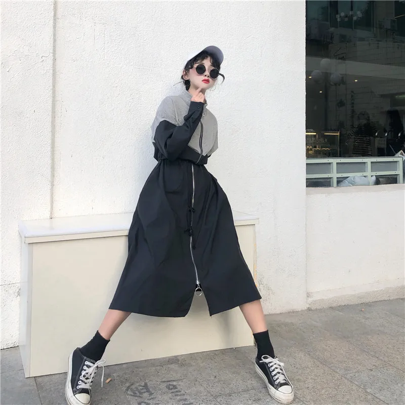 Осень, стиль, Harajuku стиль, стоячий воротник, BF, Свободное пальто, повседневное Спортивное приталенное облегающее пальто средней длины, Женский Тренч F