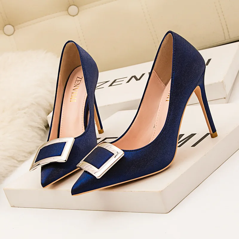 

10CM PUMPS Banquet women's shoes high-heeled satin shallow mouth pointed square buckle sexy thin high-heeled shoes
