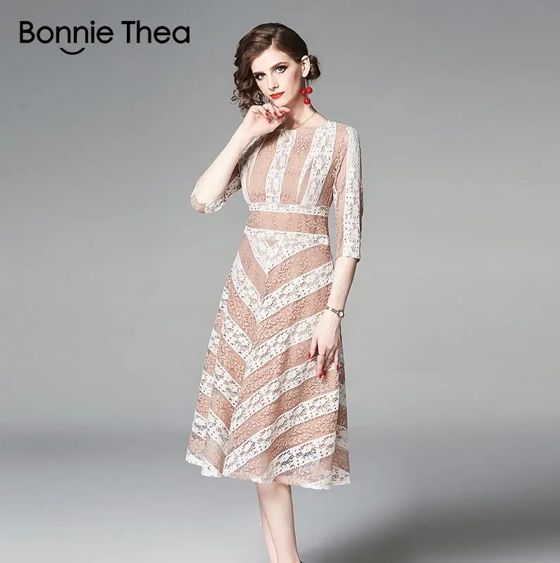Розовый Bonnie Thea, женское осеннее кружевное платье, женское Полосатое вечернее платье, женское Элегантное Длинное ТРАПЕЦИЕВИДНОЕ ПЛАТЬЕ - Цвет: Розовый