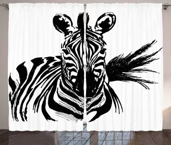 

Sketchy Curtains Portrait of Safari Wildlife Animal Zebra Hand Drawn Image Artwork Living Room Bedroom Window Curtain White