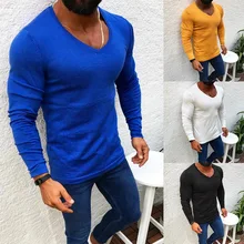 Осенний вязаный мужской свитер, повседневный приталенный пуловер с длинными рукавами, однотонные топы, пуловер с v-образным вырезом, мужские свитера