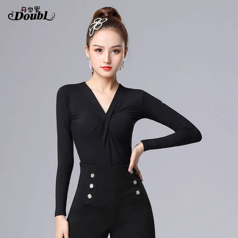 DOUBL Brand Latin Dance Training Clothes Female Adult Modern Dance Top V-neck Black National Standard Dance Blouse Dance Clothes