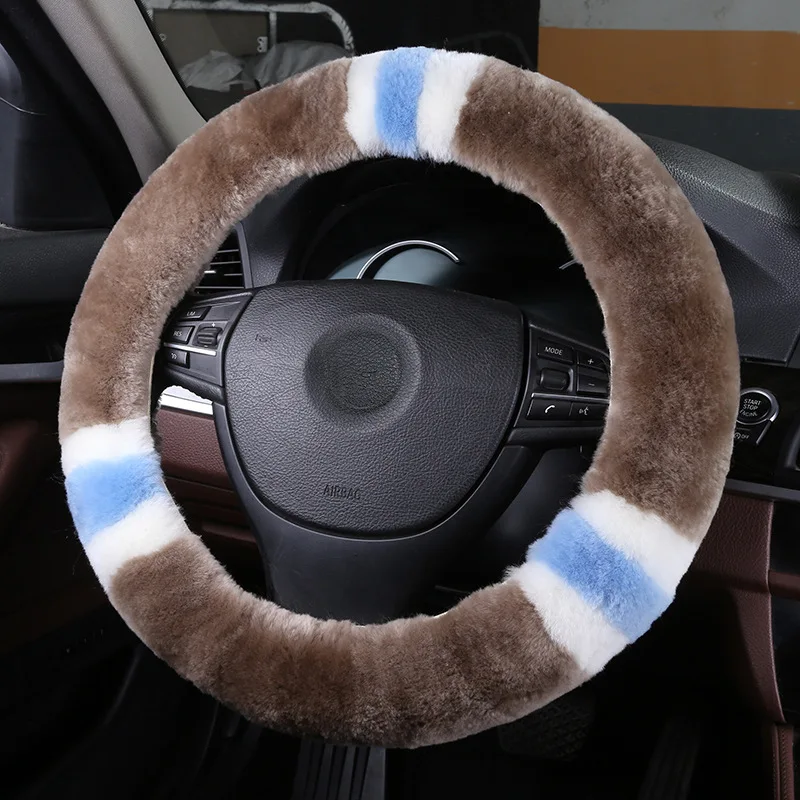 Wool True Leather Car Steering Wheel Cover Fit For 36-42 CM 14.2"-16.5" Braid on Steering-Wheel Auto Carpet Winter Warm Soft - Название цвета: Type 5