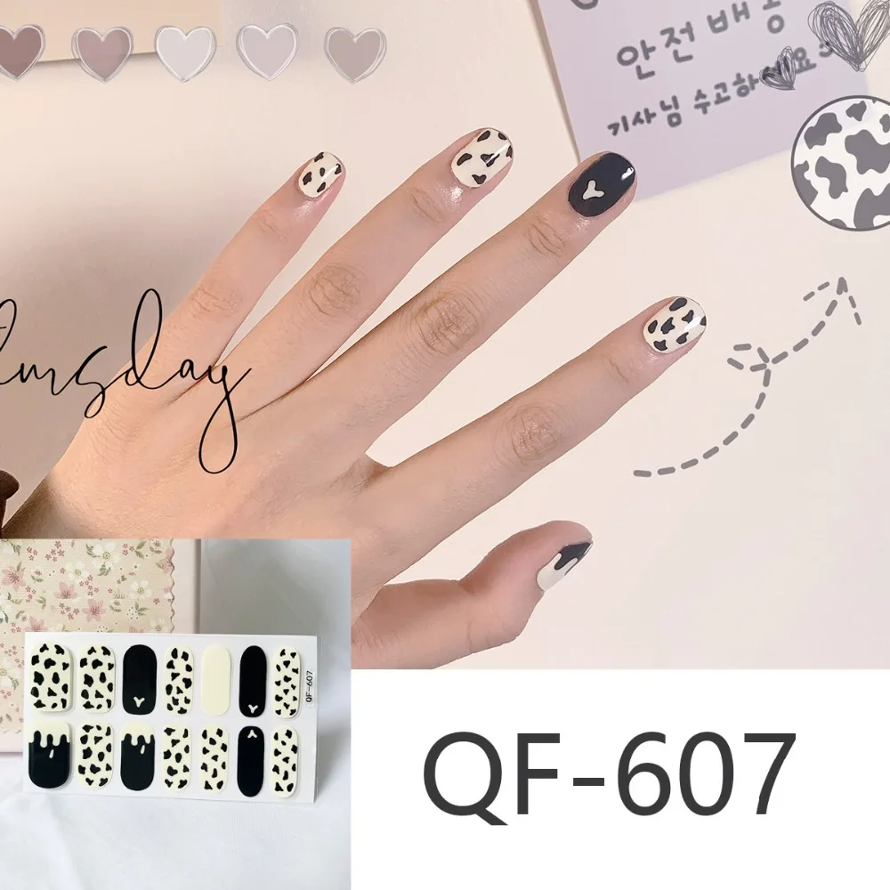 14tips/sheet Milk Heart Nail Wraps Polish Decals Strips Jump Cross Color Glitter 3D Adhesive Full Nail Art Stickers Matte Nails