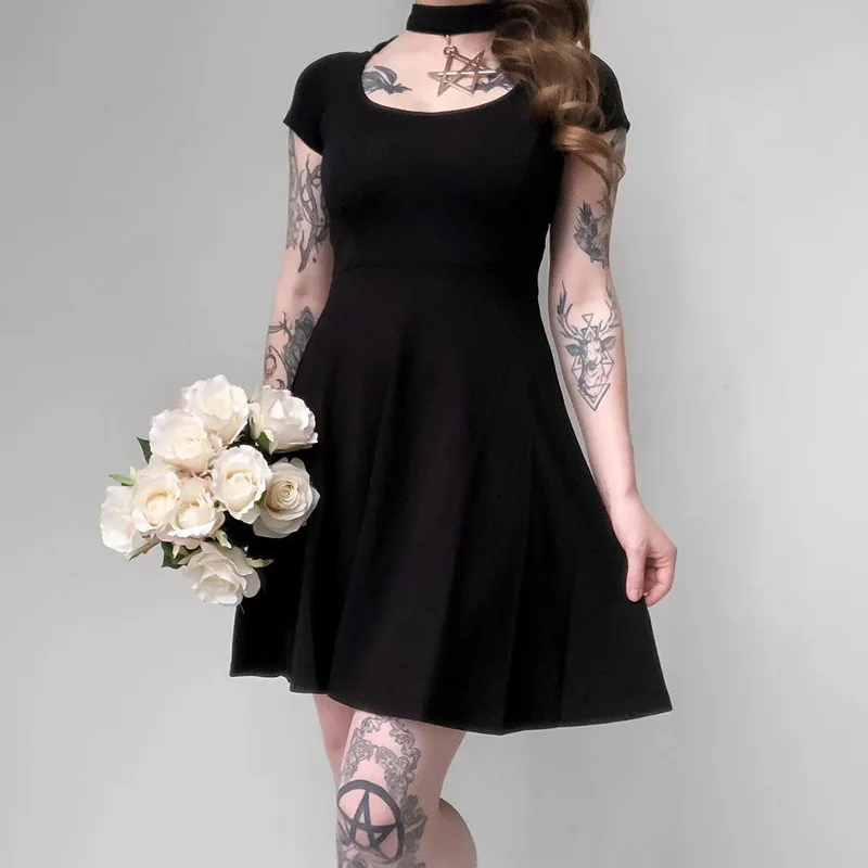 

Goth Dark Black Gothic Grunge Punk Summer Dress Halter Hollow Out Pleated Dress For Women Pentgram Festa Dresses Sexy Zippper