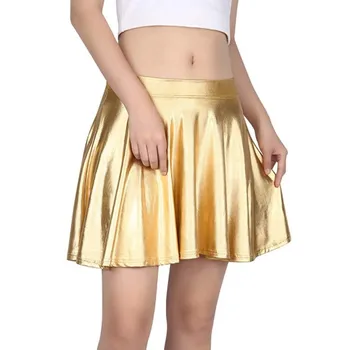 

Aline Skirts Women Umbrella Mini Above Knee Solid Metallic PU Performance Club Show Pleated Sexy Skirt