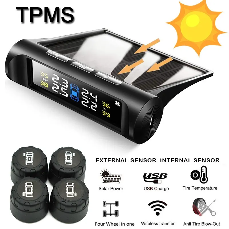 Высокая производительность TPMS сигнализация давления в шинах Анти-взрыв автомобильный Солнечный 4 внешних датчика lcd умный мониторинг