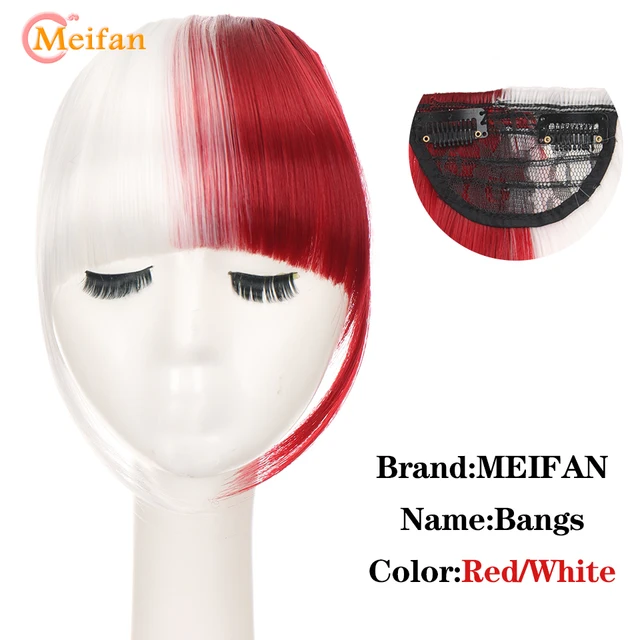 MEIFAN Clip in Hair Bangs Extension Hairpiece Synthetic Natural Fake Bang Hair Piece Air Bangs Clip on Bangs Black Brown Red-White