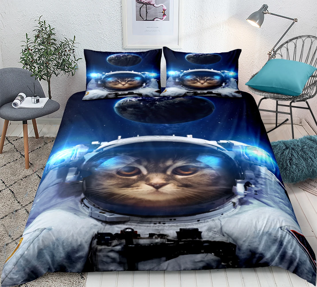 3d Space Cat Bedding Astronaut Cat Duvet Cover Set Teens Kids