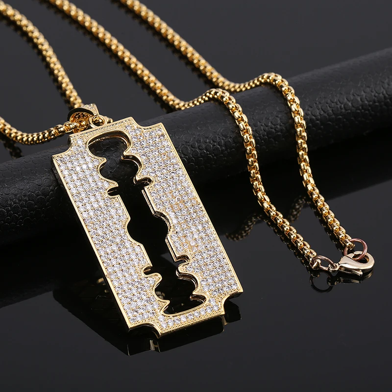 

Fashion Pendant Necklaces Male Shaver Shape Gold Color Men Jewelry Cool Iced Out Cubic Zircon Men's Hip hop Jewelry For Gift