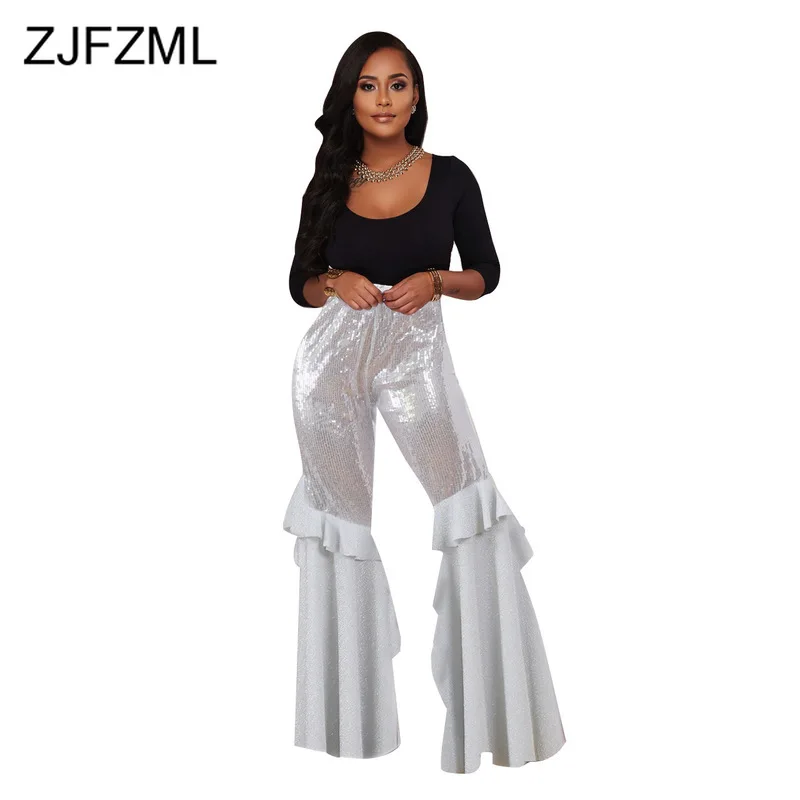 

Sparkly Sequin Fashion Bell Bottom Pant For Women High Waist Club Party Falre Trouser Streetwear Female Plus Size Wide Leg Pant