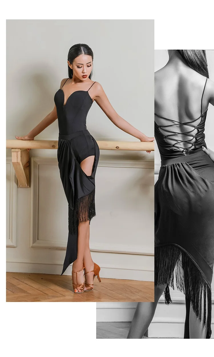 Латинское платье для танцев черного цвета сексуальное боди с открытой спиной, юбка с бахромой, танго, сальсы, ча-ча Самба Румба Для женщин; костюмы для сцены; DNV11865