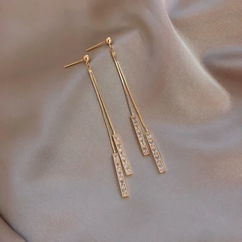 

2020 Korea hot Fashion Jewelry Copper Inlaid Zircon Pendant Earrings Geometric Fringe Long Section Thin Female Elegant Earrings