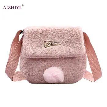 

Fashion Plush Rabbit Tail Flap Shoulder Bag Cute Women Solid Color Messenger Satchel Street Travel Handbags