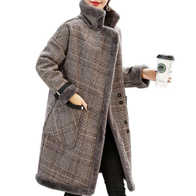 

Autumn Women Coat Plaid Button Pockets V-Neck Loose Long Wool Coat Women Fashion Korean Coat Womens Winter Clothing