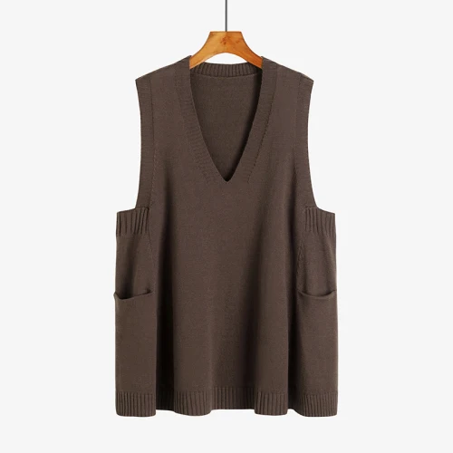 Dark Brown Корейский вязаный жилет с v-образным вырезом для колледжа, женский свитер средней длины, большой свободный свитер, пальто без рукавов, весна, осень, зима, с карманами - Цвет: Dark Brown