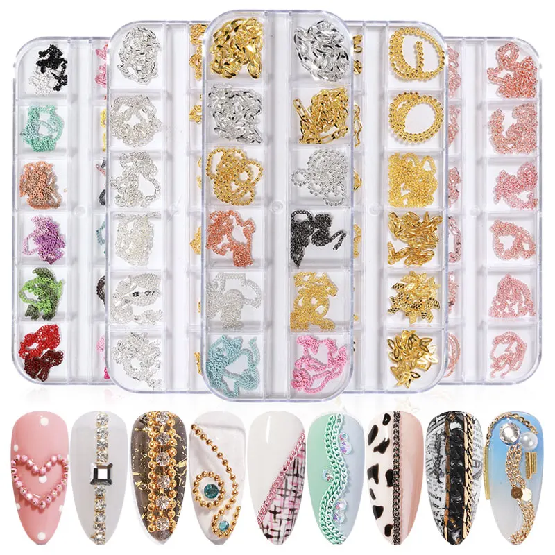 

12 Grid Mixed Nails Chain Jewelry for Art Decoration 2023 Fashion Nail Charms Accessories for DIY Manicure Design