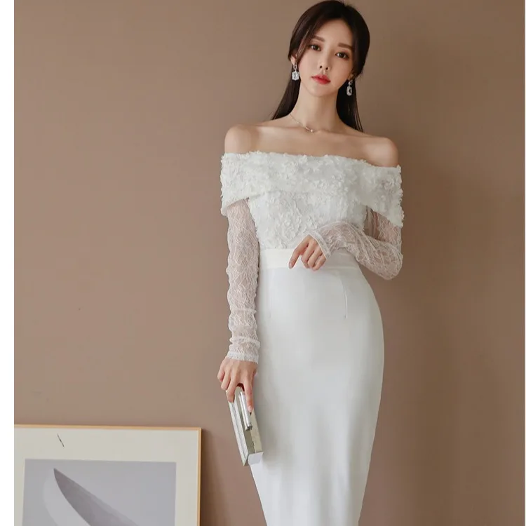 

2020 Spring And Autumn Korean-style Fashion Elegant-off-Shoulder Lace Joint Slim Fit Slimming Formal Dress Women's