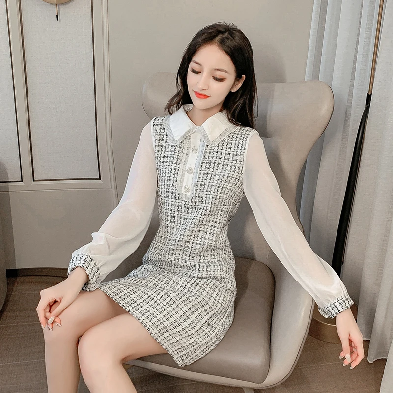 Платье осеннее платье корейское Новое поступление vestidos OLN винтажное твидовое платье с длинными рукавами и кукольным воротником