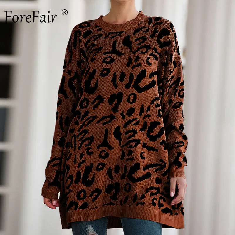 Pаспродажа Forefair, Леопардовый Повседневный свитер выше размера, женский, осень 2019, зимний, вязаный, с животным принтом, размера плюс, свободный, длинный, ...