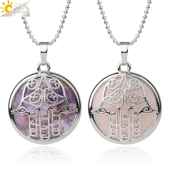 

CSJA Fatima Natural Stone Pendants Necklaces Round Cabochon Beads Purple Crystal Pink Quartz Lava Hamsa Hand Amulet Jewelry G488