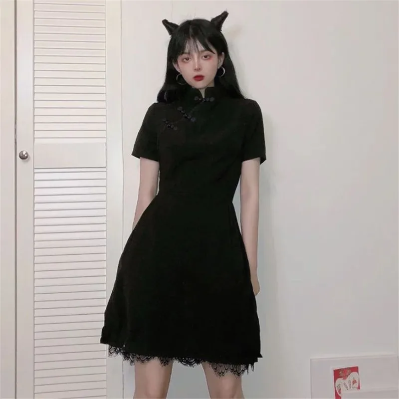 Японское винтажное готическое платье лолиты в стиле Харадзюку черное тонкое платье Ципао в китайском стиле