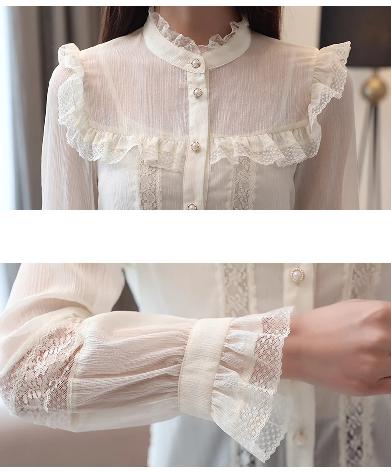 Korean Fashion Chiffon Women Blouses Autumn Lace White Women Shirts Plus Size XXL Blusas Femininas Elegante Ladies Tops