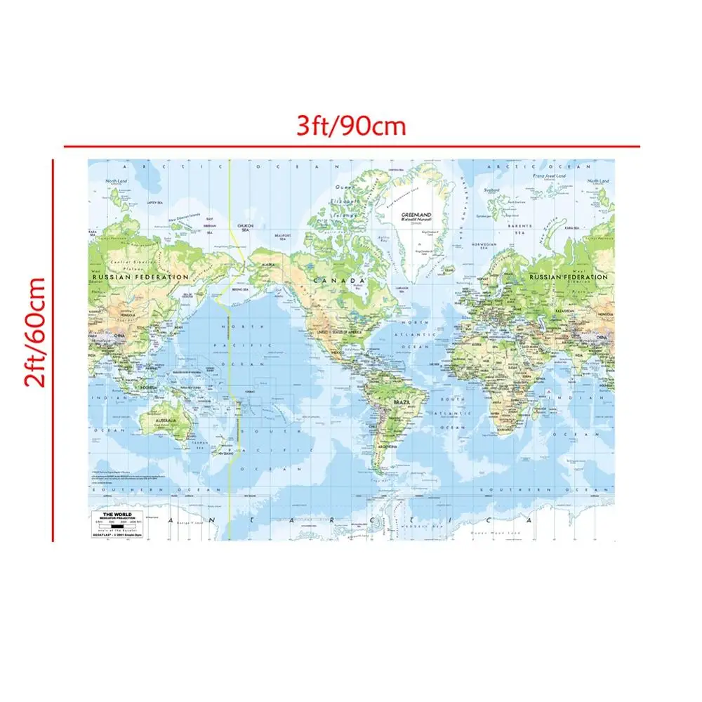 Проекция Mercator издание 2001 HD карта мира на холсте 60x90 см для дома и офиса Настенный