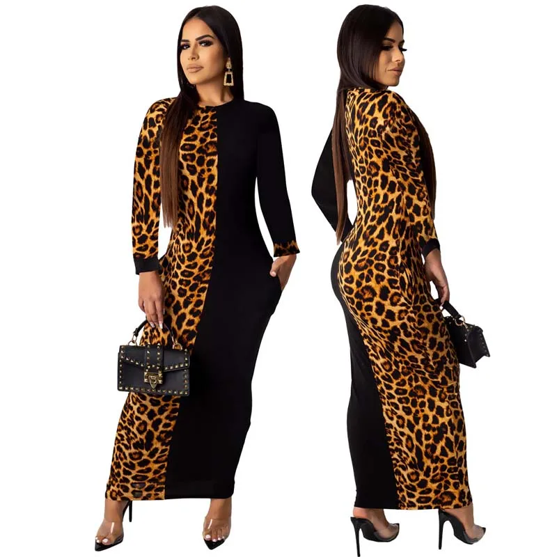 

New Autumn Bodycon Dress Women African Fashion Leopard Print O-Neck Long Sleeve Patchwork Maxi Dress Sundress Partyclub