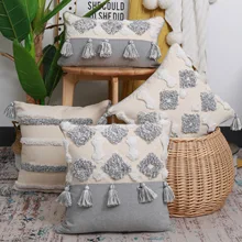 

Hand-embroidered Tufted Hug Pillowcase Cotton and Linen Homestay Living Room Sofa Geometric Tassel Back Pillow Waist Pillowcase