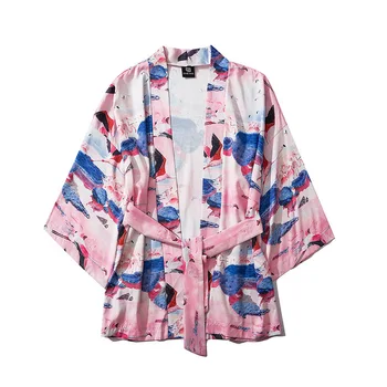 

Japanese Kimono Gown Women Print Kimono Cardigan Pink Shirt Female Blouse Yukata Men Haori Obi Clothes Samurai Clothing