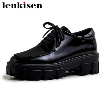 

Lenkisen plus size vintage leisure shoes women round toe high heels thick bottom British school young lady lace up pumps L1f8
