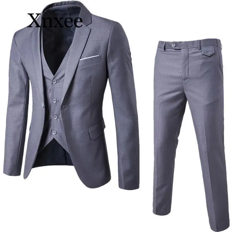 Xnxee, 3 предмета, деловой блейзер+ жилет+ штаны, мужской костюм, наборы, осенняя мода, однотонный, тонкий, Свадебный комплект, винтажные классические пиджаки, мужские - Цвет: Серый