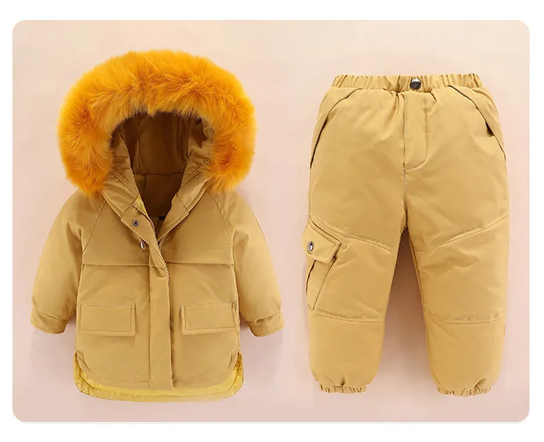 Комплекты одежды для маленьких девочек-30 градусов, Россия, зимние куртки на утином пуху Детская куртка с капюшоном+ комбинезон, детский зимний комбинезон, комплект для маленьких мальчиков