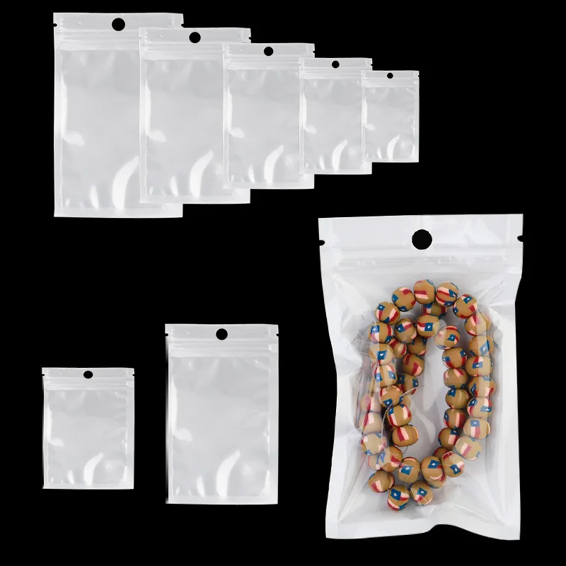 50pcs Self Seal Zip Top Bag with Hang Hole White Plastic Packaging Pouch Bag 