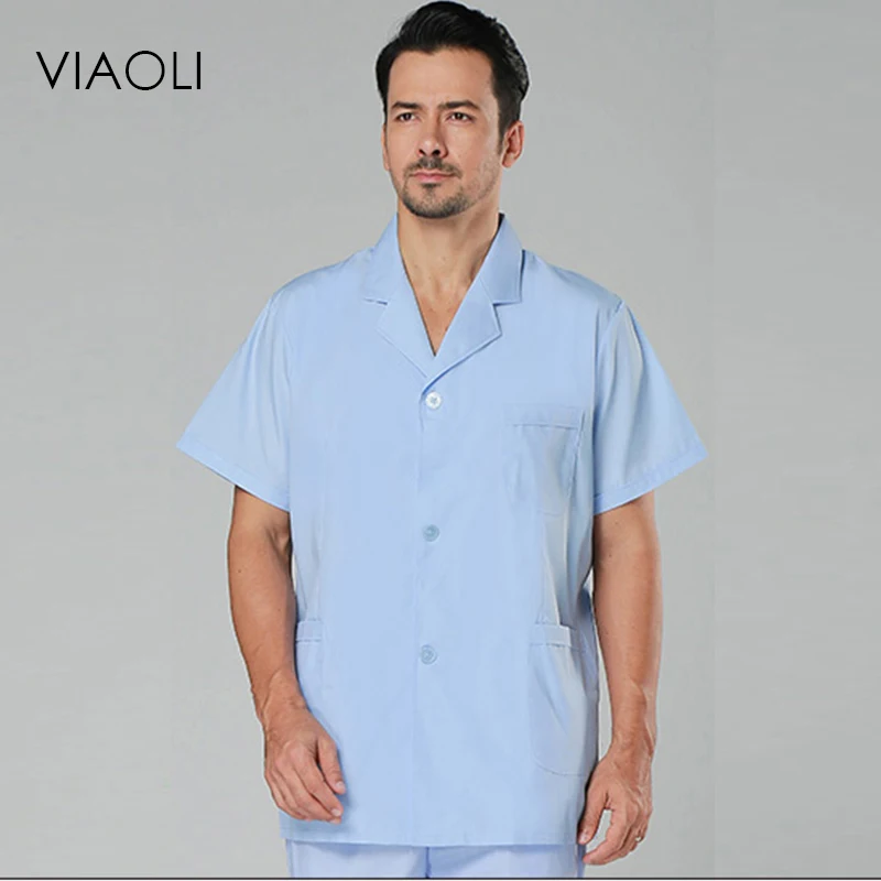 VIAOLI, короткий рукав, мужское медицинское пальто, Униформа, медицинская лабораторная куртка, больница, доктор, одежда, костюм, воротник, белое и синее лабораторное пальто