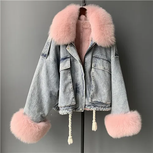 MAOMAOFUR настоящая меховая парка зимняя короткая стильная куртка с натуральным лисьим меховым воротником манжета из меха кролика рекс пальто с подкладкой женская джинсовая Меховая куртка - Цвет: Blue - pink fur