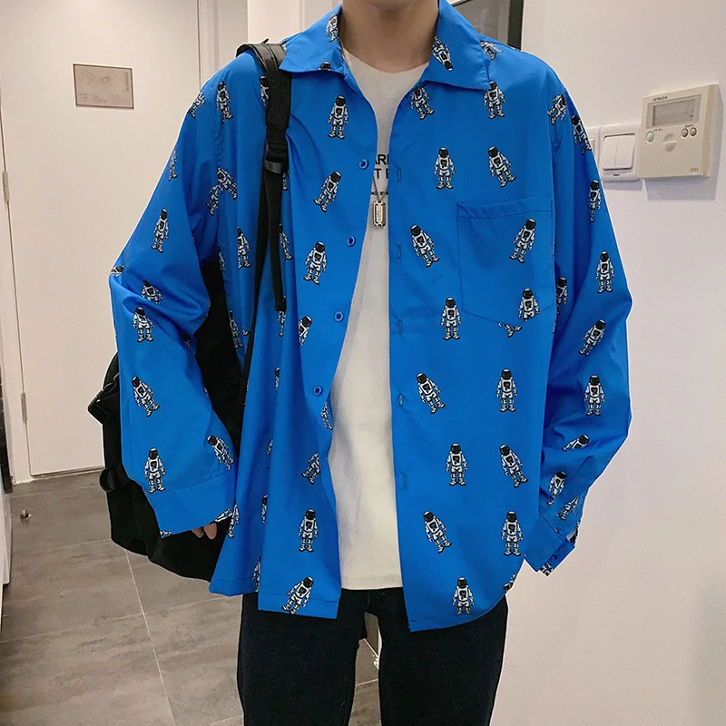 Spring Shirt Men s Fashion Cartoon Printed Casual Shirt Men Streetwear Wild Loose Long sleeved Shirts 5