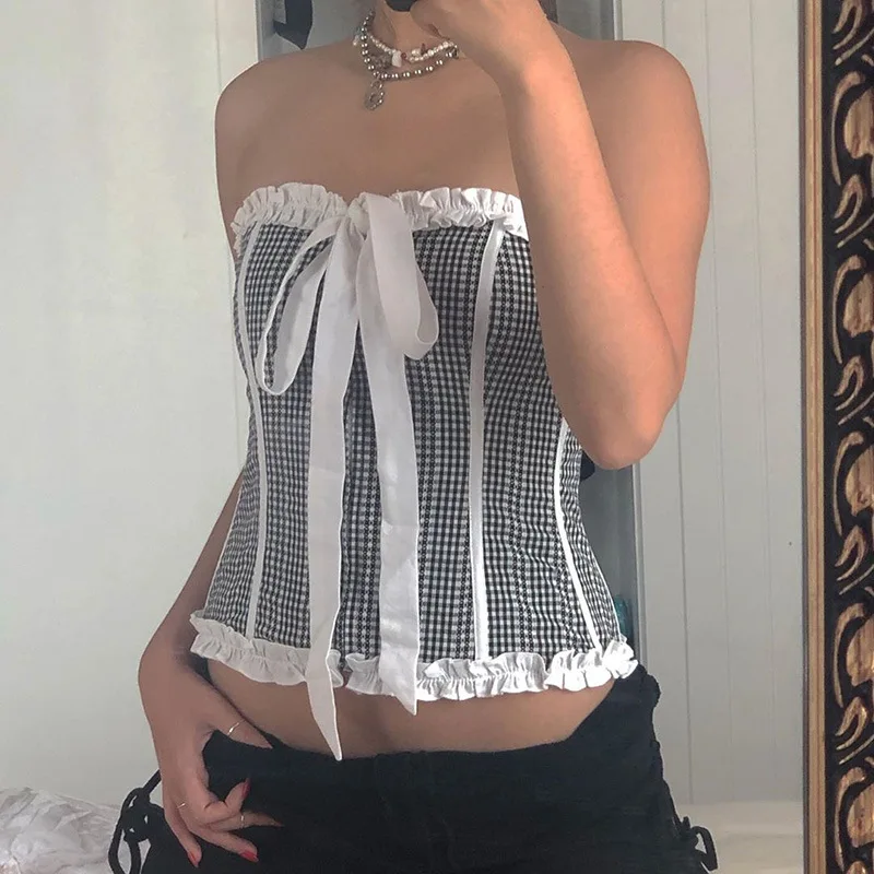 

Spring and Summer New Women's Dress Wrapped Chest with A Bow Tie and Wood Ears Open Back Sexy Tight Lattice Vest Women's Blouse
