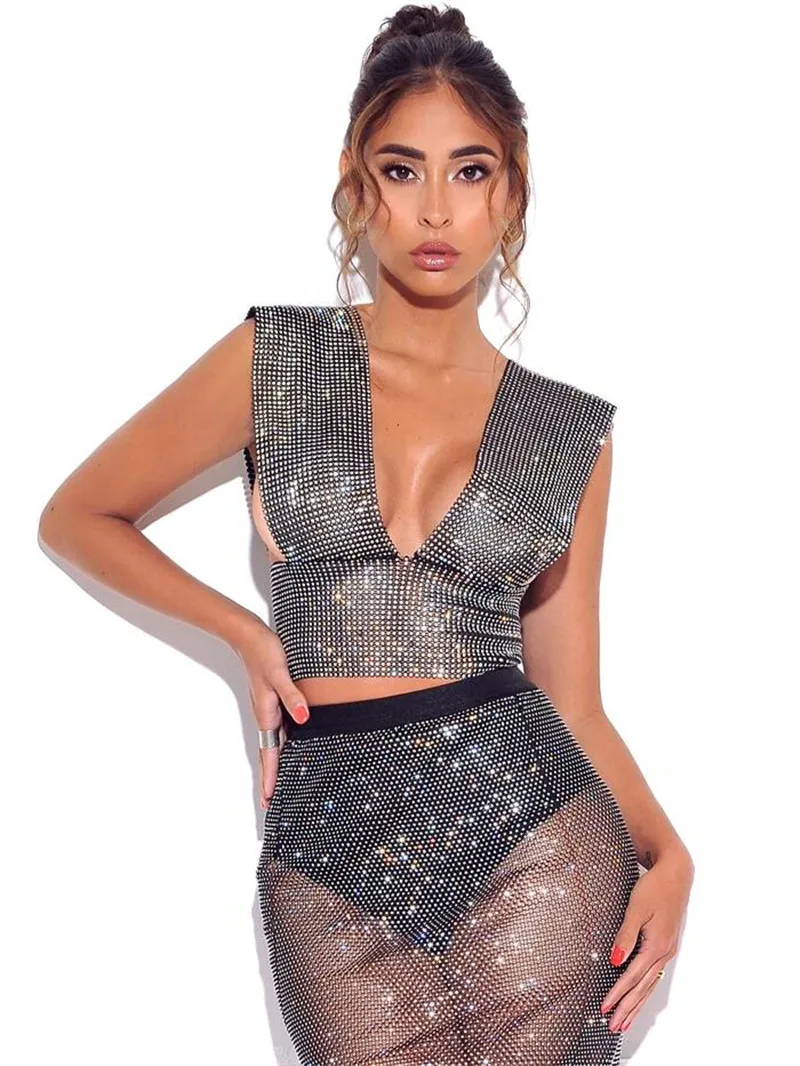 

2019 Deep V-Neck Tank Top See Through Rhinestone Grid Short Long Hollow Out Skirt Sexy Dance Show Costume Body Chain Jewelry